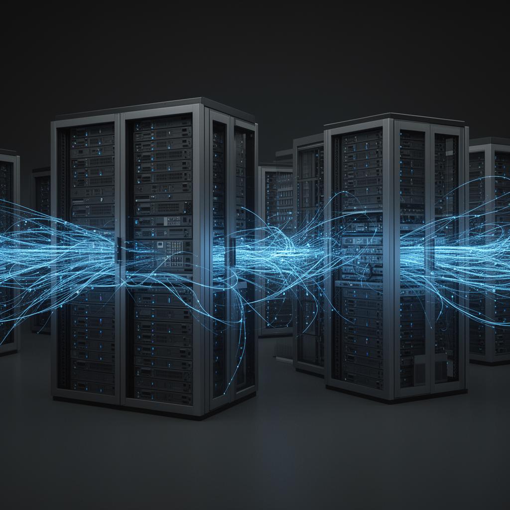 Dark grey server infrastructure with glowing blue fiber optic connections